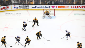 BOSTON, MASSACHUSETTS - MAY 27: The St. Louis Blues skate on offense against the Boston Bruins during the first period in Game One of the 2019 NHL Stanley Cup Final at TD Garden on May 27, 2019 in Boston, Massachusetts. (Photo by Adam Glanzman/Getty Images)