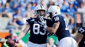 ORLANDO, FL - JANUARY 01: Nick Bowers #83 of the Penn State Nittany Lions reacts after a one-yard touchdown reception against the Kentucky Wildcats in the second quarter of the VRBO Citrus Bowl at Camping World Stadium on January 1, 2019 in Orlando, Florida. (Photo by Joe Robbins/Getty Images)