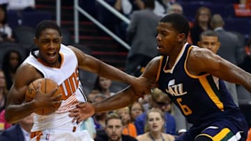 Oct 5, 2016; Phoenix, AZ, USA; Phoenix Suns guard Brandon Knight (11) handles the ball against Utah Jazz forward Joe Johnson (6) in the second half at Talking Stick Resort Arena. The Utah Jazz defeated the Phoenix Suns 104-99. Mandatory Credit: Jennifer Stewart-USA TODAY Sports