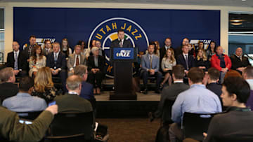 SALT LAKE CITY, UT - JANUARY 23: Steves Starks President of Larry H. Miller Sports & Entertainment speaks during a press conference announcing the Miller family transferring Ownership of the Utah Jazz into a Legacy Trust at vivint.SmartHome Arena on January 23, 2017 in Salt Lake City, Utah. Copyright 2017 NBAE (Photo by Melissa Majchrzak/NBAE via Getty Images)