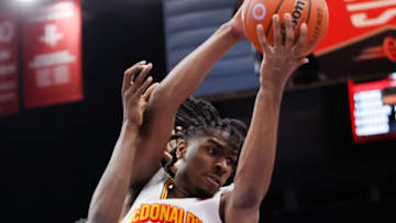 HOUSTON, TX - MARCH 28: Mackenzie Mgbako #24 of McDonald's All American Boys East rebounds the ball during the McDonalds All American Basketball Games at Toyota Center on March 28, 2023 in Houston, Texas. (Photo by Michael Hickey/Getty Images)