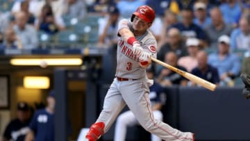 MILWAUKEE, WISCONSIN - JULY 23: Scooter Gennett #3 of the Cincinnati Reds hits a single in the first inning against the Milwaukee Brewers at Miller Park on July 23, 2019 in Milwaukee, Wisconsin. (Photo by Dylan Buell/Getty Images)