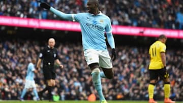 MANCHESTER, ENGLAND - MARCH 05: Yaya Toure of Manchester City celebrates scoring his team's first goal during the Barclays Premier League match between Manchester City and Aston Villa at Etihad Stadium on March 5, 2016 in Manchester, England. (Photo by Laurence Griffiths/Getty Images)