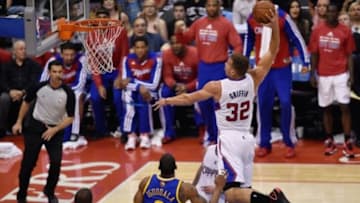 Apr 29, 2014; Los Angeles, CA, USA; Los Angeles Clippers forward Blake Griffin (32) goes up for a dunk against the Golden State Warriors during the first quarter in game five of the first round of the 2014 NBA Playoffs at Staples Center. Mandatory Credit: Kelvin Kuo-USA TODAY Sports