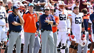 Auburn footballSep 23, 2023; College Station, Texas, USA; Auburn Tigers head coach Hugh Freeze looks on during the first quarter against the Texas A&M Aggies at Kyle Field. Mandatory Credit: Maria Lysaker-USA TODAY Sports