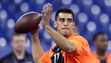 Feb 21, 2015; Indianapolis, IN, USA; Oregon Ducks quarterback Marcus Mariota throws a pass during the 2015 NFL Combine at Lucas Oil Stadium. Mandatory Credit: Brian Spurlock-USA TODAY Sports