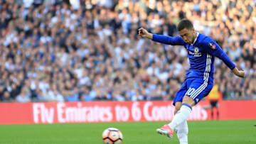 LONDON, ENGLAND - APRIL 22: Eden Hazard of Chelsea scores his sides third goal during The Emirates FA Cup Semi-Final between Chelsea and Tottenham Hotspur at Wembley Stadium on April 22, 2017 in London, England. (Photo by Richard Heathcote/Getty Images)