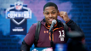 INDIANAPOLIS, IN - FEBRUARY 28: Running back Josh Jacobs of Alabama speaks to the media during day one of interviews at the NFL Combine at Lucas Oil Stadium on February 28, 2019 in Indianapolis, Indiana. (Photo by Joe Robbins/Getty Images)