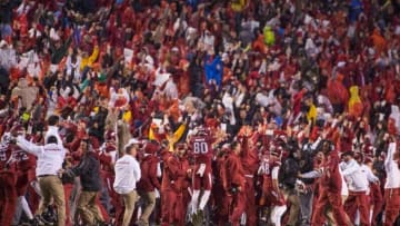 Nov 22, 2014; Fayetteville, AR, USA; Arkansas Razorbacks crowd and team react to a touchdown during a game against the Ole Miss Rebels at Donald W. Reynolds Razorback Stadium. Arkansas defeated Ole Miss 30-0. Mandatory Credit: Beth Hall-USA TODAY Sports