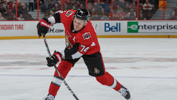 OTTAWA, ON - DECEMBER 21: Mark Borowiecki #74 of the Ottawa Senators shoots the puck against the Philadelphia Flyers at Canadian Tire Centre on December 21, 2019 in Ottawa, Ontario, Canada. (Photo by Andre Ringuette/NHLI via Getty Images)