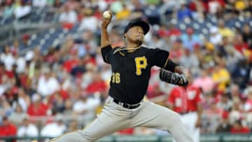Aug 17, 2014; Washington, DC, USA; Pittsburgh Pirates starting pitcher Edinson Volquez (36) throws during the sixth inning against the Washington Nationals at Nationals Park. Mandatory Credit: Brad Mills-USA TODAY Sports