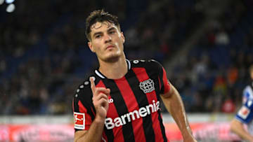 Leverkusen's Czech forward Patrik Schick celebrates scoring the 0-2 during the German first division Bundesliga football match between Arminia Bielefeld and Bayer Leverkusen in Bielefeld, western Germany on October 3, 2021. (Photo by Ina FASSBENDER / AFP) (Photo by INA FASSBENDER/AFP via Getty Images)