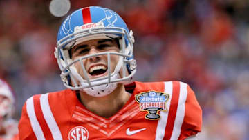 Jan 1, 2016; New Orleans, LA, USA; Mississippi Rebels quarterback Chad Kelly (10) prior to kickoff in the 2016 Sugar Bowl against the Oklahoma State Cowboys at the Mercedes-Benz Superdome. Mandatory Credit: Derick E. Hingle-USA TODAY Sports
