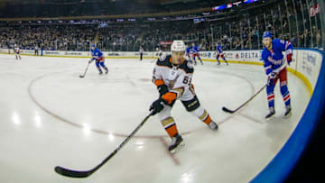 NEW YORK, NY - DECEMBER 19: Anaheim Ducks Right Wing Kevin Roy (63) skates to the puck as New York Rangers Defenseman Kevin Shattenkirk (22) defends during the Anaheim Ducks and New York Rangers NHL game on December 19, 2017, at Madison Square Garden in New York, NY. (Photo by John Crouch/Icon Sportswire via Getty Images)