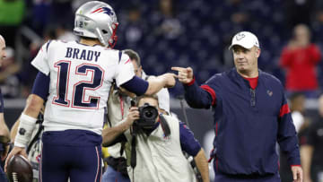 HOUSTON, TEXAS - DECEMBER 01: Tom Brady #12 of the New England Patriots points to head coach Bill O'Brien of the Houston Texans prior to the game at NRG Stadium on December 01, 2019 in Houston, Texas. (Photo by Tim Warner/Getty Images)
