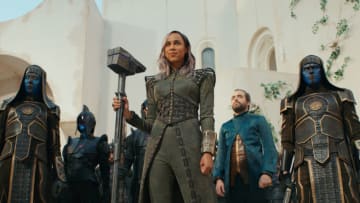 (Center, L-R): Zawe Ashton as Dar-Benn and Daniel Ings as Ty-Rone in Marvel Studios' THE MARVELS. Photo courtesy of Marvel Studios. © 2023 MARVEL.
