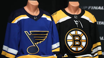 BOSTON, MASSACHUSETTS - MAY 26: At detailed view of the jerseys of the St. Louis Blues and the Boston Bruins prior to Media Day ahead of the 2019 NHL Stanley Cup Final at TD Garden on May 26, 2019 in Boston, Massachusetts. (Photo by Bruce Bennett/Getty Images)