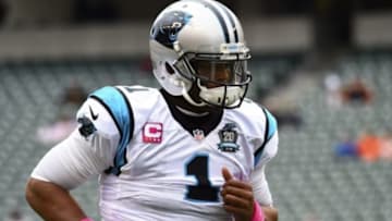 Oct 12, 2014; Cincinnati, OH, USA; Carolina Panthers quarterback Cam Newton (1) practices before the game at Paul Brown Stadium. Mandatory Credit: Mike DiNovo-USA TODAY Sports
