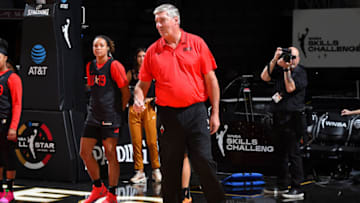 LAS VEGAS, NV - JULY 26: Head coach Bill Laimbeer of Team Wilson looks on during the AT&T WNBA All-Star Practice and Media Availability 2019 on July 26, 2019 at the Mandalay Bay Events Center in Las Vegas, Nevada. NOTE TO USER: User expressly acknowledges and agrees that, by downloading and or using this photograph, user is consenting to the terms and conditions of the Getty Images License Agreement. Mandatory Copyright Notice: Copyright 2019 NBAE (Photo by Brian Babineau/NBAE via Getty Images)