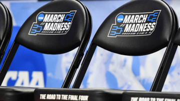 BUFFALO, NY - MARCH 18: NCAA tournament logo on players chairs during the Second Round of the NCAA Basketball Tournament between the Notre Dame Fighting Irish and the West Virginia Mountaineers at The KeyBank Center on March 18, 2017 in Buffalo, New York. The West Virginia Mountaineers won 83-71. (Photo by Mitchell Layton/Getty Images) *** Local Caption ***