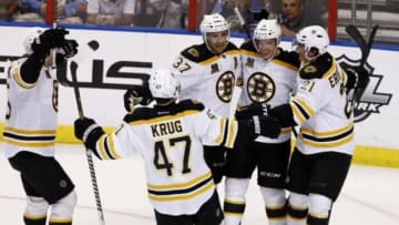 Oct 17, 2013; Sunrise, FL, USA; Boston Bruins right wing Reilly Smith (18) celebrates his game winning goal with center Patrice Bergeron (37) left wing Loui Eriksson (21) defenseman Torey Krug (47) and defenseman Johnny Boychuk (left) against the Florida Panthers in the third period at BB&T Center. The Bruins won 3-2. Mandatory Credit: Robert Mayer-USA TODAY Sports