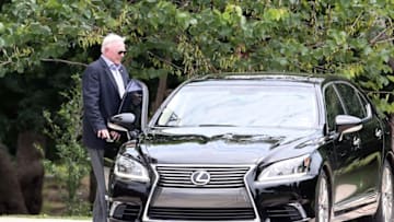 Jun 14, 2016; Irving, TX, USA; Dallas Cowboys owner Jerry Jones leaves minicamp at Dallas Cowboys Headquarters. Mandatory Credit: Matthew Emmons-USA TODAY Sports