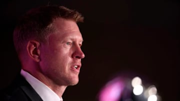 CHICAGO, IL - JULY 18: University of Nebraska football head coach Scott Frost speaks to media members during the Big Ten Football Media Days event on July 18, 2019 at the Hilton Chicago in Chicago, IL. (Photo by Robin Alam/Icon Sportswire via Getty Images)