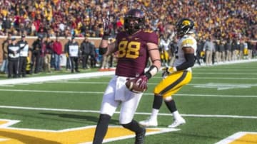 Nov 8, 2014; Minneapolis, MN, USA; Minnesota Golden Gophers tight end Maxx Williams (88) runs in for a touchdown after making a catch in the second half against the Iowa Hawkeyes at TCF Bank Stadium. The Gophers won 51-14. Mandatory Credit: Jesse Johnson-USA TODAY Sports
