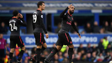 LIVERPOOL, ENGLAND - OCTOBER 22: Alexandre Lacazette of Arsenal celebrates scoring his sides third goal during the Premier League match between Everton and Arsenal at Goodison Park on October 22, 2017 in Liverpool, England. (Photo by Gareth Copley/Getty Images)