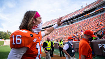 Oct 24, 2020; Clemson, South Carolina, USA; Clemson quarterback Trevor Lawrence (16) waves to fans after their game against Syracuse at Memorial Stadium. Mandatory Credit: Ken Ruinard-USA TODAY Sports