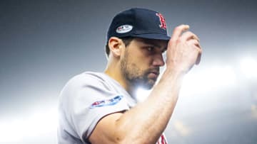 NEW YORK, NY - OCTOBER 8: Nathan Eovaldi #17 of the Boston Red Sox reacts during the sixth inning of game three of the American League Division Series against the New York Yankees on October 8, 2018 at Yankee Stadium in the Bronx borough of New York City. (Photo by Billie Weiss/Boston Red Sox/Getty Images)