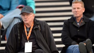 Jan 20, 2014; Mobile, AL, USA; Dallas Cowboys owner Jerry Jones with head coach Jason Garrett seen in the stands of the North squad practice at Ladd-Peebles Stadium. Mandatory Credit: John David Mercer-USA TODAY Sports