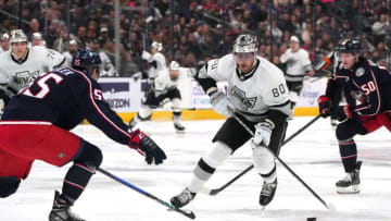COLUMBUS, OHIO - DECEMBER 05: Pierre-Luc Dubois #80 of the Los Angeles Kings skates with the puck during the third period against the Columbus Blue Jackets at Nationwide Arena on December 05, 2023 in Columbus, Ohio. (Photo by Jason Mowry/Getty Images)