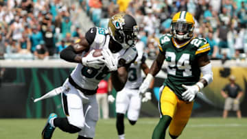 JACKSONVILLE, FL - SEPTEMBER 11: Allen Hurns #88 of the Jacksonville Jaguars rushes past Quinten Rollins #24 of the Green Bay Packers during a game at EverBank Field on September 11, 2016 in Jacksonville, Florida. (Photo by Sam Greenwood/Getty Images)