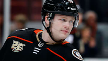 ANAHEIM, CA - APRIL 05: Max Jones #49 of the Anaheim Ducks skates during the game against the Los Angeles Kings on April 5, 2019 at Honda Center in Anaheim, California. (Photo by Debora Robinson/NHLI via Getty Images)