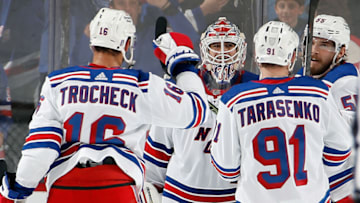 NEWARK, NEW JERSEY - APRIL 20: Igor Shesterkin #31 and the New York Rangers celebrate their 5-1 victory over the New Jersey Devils during Game Two in the First Round of the 2023 Stanley Cup Playoffs at the Prudential Center on April 20, 2023 in Newark, New Jersey. (Photo by Bruce Bennett/Getty Images)