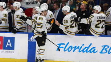 Nov 20, 2023; Tampa, Florida, USA; Boston Bruins right wing David Pastrnak (88) is congratulated after he scored against the Tampa Bay Lightning during the third period at Amalie Arena. Mandatory Credit: Kim Klement Neitzel-USA TODAY Sports