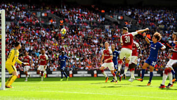 LONDON, ENGLAND - AUGUST 06: Sead Kolasinac of Arsenal scores his sides first goal during the The FA Community Shield final between Chelsea and Arsenal at Wembley Stadium on August 6, 2017 in London, England. (Photo by Dan Mullan/Getty Images)