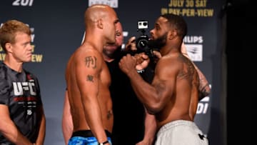ATLANTA, GA - JULY 29: (L-R) Opponents Robbie Lawler and Tyron Woodley face off during the UFC 201 weigh-in at Fox Theatre on July 29, 2016 in Atlanta, Georgia. (Photo by Jeff Bottari/Zuffa LLC/Zuffa LLC via Getty Images)
