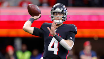Atlanta Falcons quarterback Desmond Ridder throws pass against the Arizona Cardinals at Mercedes-Benz Stadium. Getty Images.
