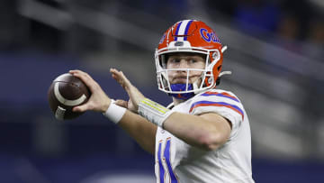 ARLINGTON, TEXAS - DECEMBER 30: Quarterback Kyle Trask #11 of the Florida Gators throws against the Oklahoma Sooners during the second quarter at AT&T Stadium on December 30, 2020 in Arlington, Texas. (Photo by Tom Pennington/Getty Images)
