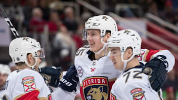 DETROIT, MI - DECEMBER 31: Henrik Borgstrom #95 of the Florida Panthers celebrates his second period goal with teammates Frank Vatrano #72 and Evgenii Dadonov #63 during an NHL game against the Detroit Red Wings at Little Caesars Arena on December 31, 2018 in Detroit, Michigan. (Photo by Dave Reginek/NHLI via Getty Images)