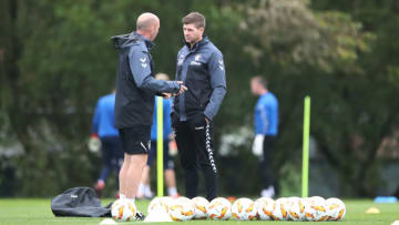 Rangers manager Steven Gerrard and assistant Gary McAllister are seen during a training session. (Photo by Ian MacNicol/Getty Images)