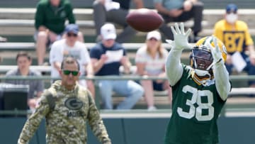 June 7, 2022; Green Bay, WI, USA; Innis Gaines (38) is shown during Green Bay Packers minicamp Tuesday, June 7, 2022 in Green Bay, Wis. Mandatory Credit: Mark Hoffman-USA TODAY Sports