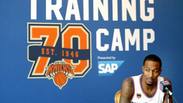 Sep 26, 2016; White Plains, NY, USA; New York Knicks point guard Brandon Jennings addresses the media during the New York Knicks Media Day at Ritz-Carlton. Mandatory Credit: Andy Marlin-USA TODAY Sports