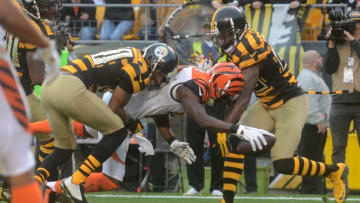 Nov 1, 2015; Pittsburgh, PA, USA; Cincinnati Bengals wide receiver A.J. Green (18) scores a touchdown past Pittsburgh Steelers cornerback Ross Cockrell (31) and cornerback William Gay (22) during the second half at Heinz Field. The Bengals won the game 16-10. Mandatory Credit: Jason Bridge-USA TODAY Sports