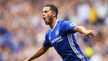 LONDON, ENGLAND - AUGUST 27: Eden Hazard of Chelsea celebrates scoring his sides first goal during the Premier League match between Chelsea and Burnley at Stamford Bridge on August 27, 2016 in London, England. (Photo by Darren Walsh/Chelsea FC via Getty Images)