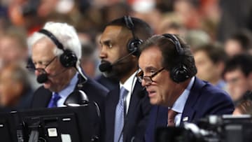 MINNEAPOLIS, MINNESOTA - APRIL 06: CBS commentators Bill Raftery, Grant Hill and Jim Nantz look on during the 2019 NCAA Final Four semifinal between the Auburn Tigers and the Virginia Cavaliers at U.S. Bank Stadium on April 6, 2019 in Minneapolis, Minnesota. (Photo by Streeter Lecka/Getty Images)