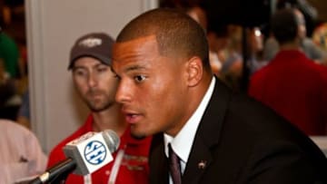 Jul 15, 2014; Hoover, AL, USA; Mississippi State Bulldogs quarterback Dak Prescott talks to the media during the SEC Football Media Days at the Wynfrey Hotel. Mandatory Credit: Marvin Gentry-USA TODAY Sports