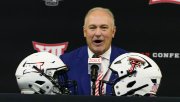 Jul 14, 2022; Arlington, TX, USA; Texas Tech Red Raiders head coach Joey McGuire is interviewed during the Big 12 Media Day at AT&T Stadium. Mandatory Credit: Jerome Miron-USA TODAY Sports